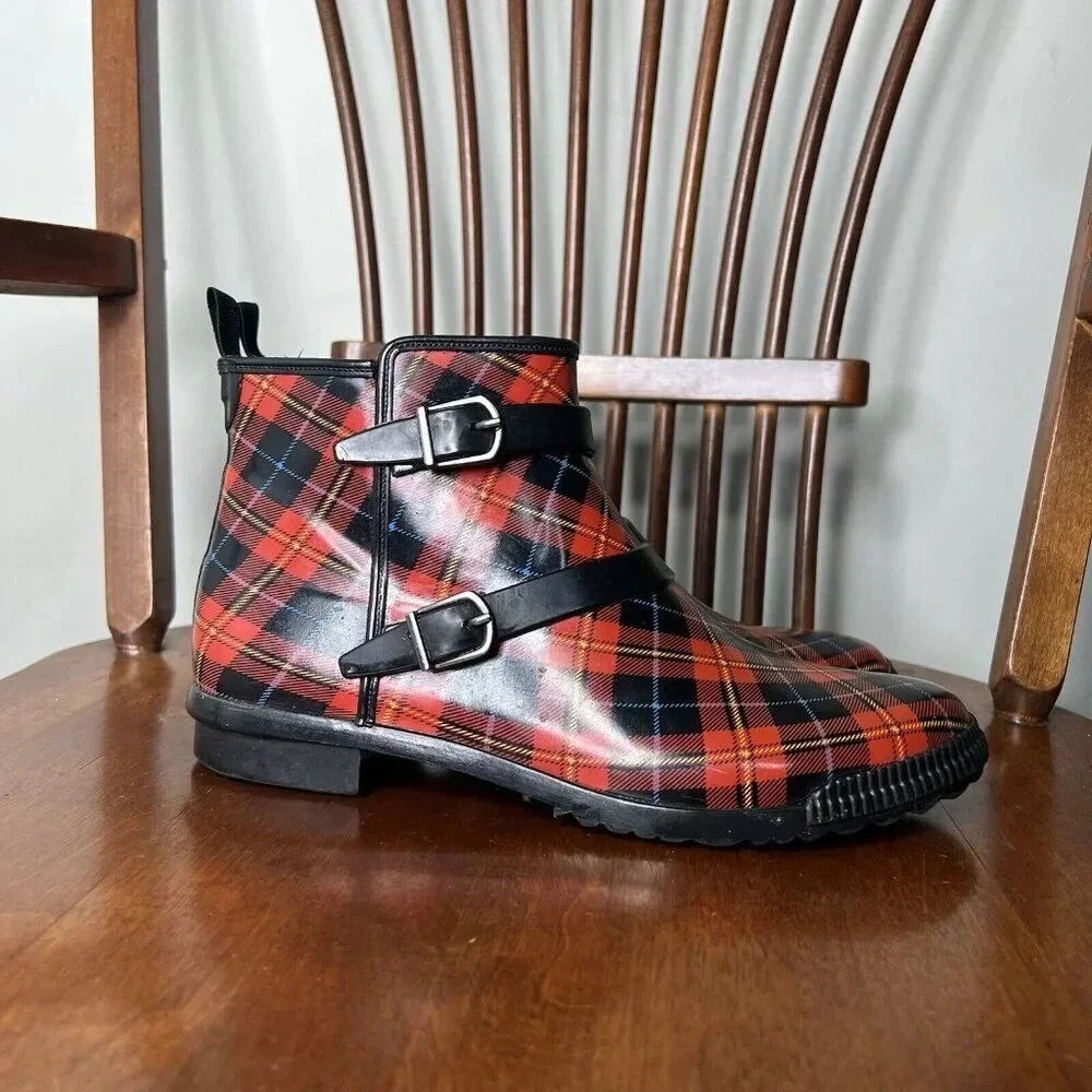 Cougar Royale Red Plaid Rain Boots Hand Crafted Fall Autumn Booties Sz 8 - Picture 3 of 9